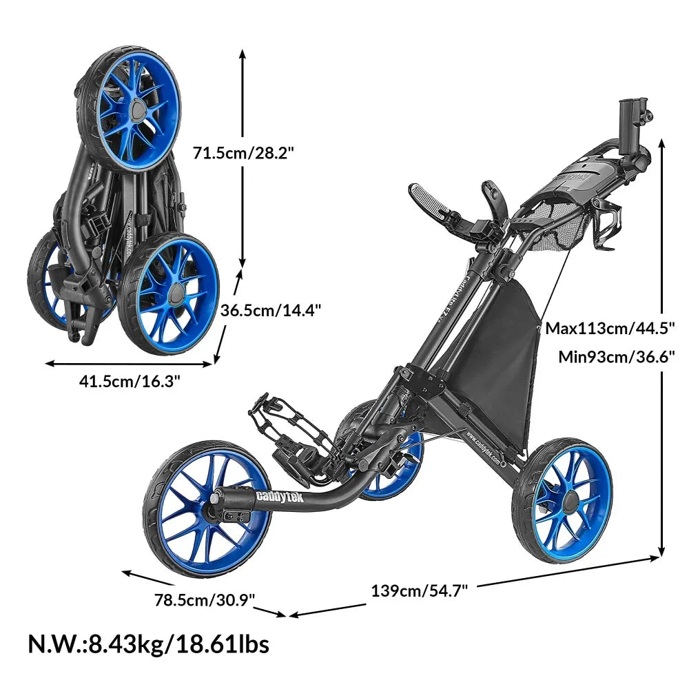 CaddyTek 3 Wheel Golf Push Cart - Foldable Collapsible Lightweight Pushcart with Foot Brake - Easy to Open & Close