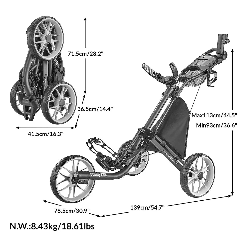 CaddyTek 3 Wheel Golf Push Cart - Foldable Collapsible Lightweight Pushcart with Foot Brake - Easy to Open & Close