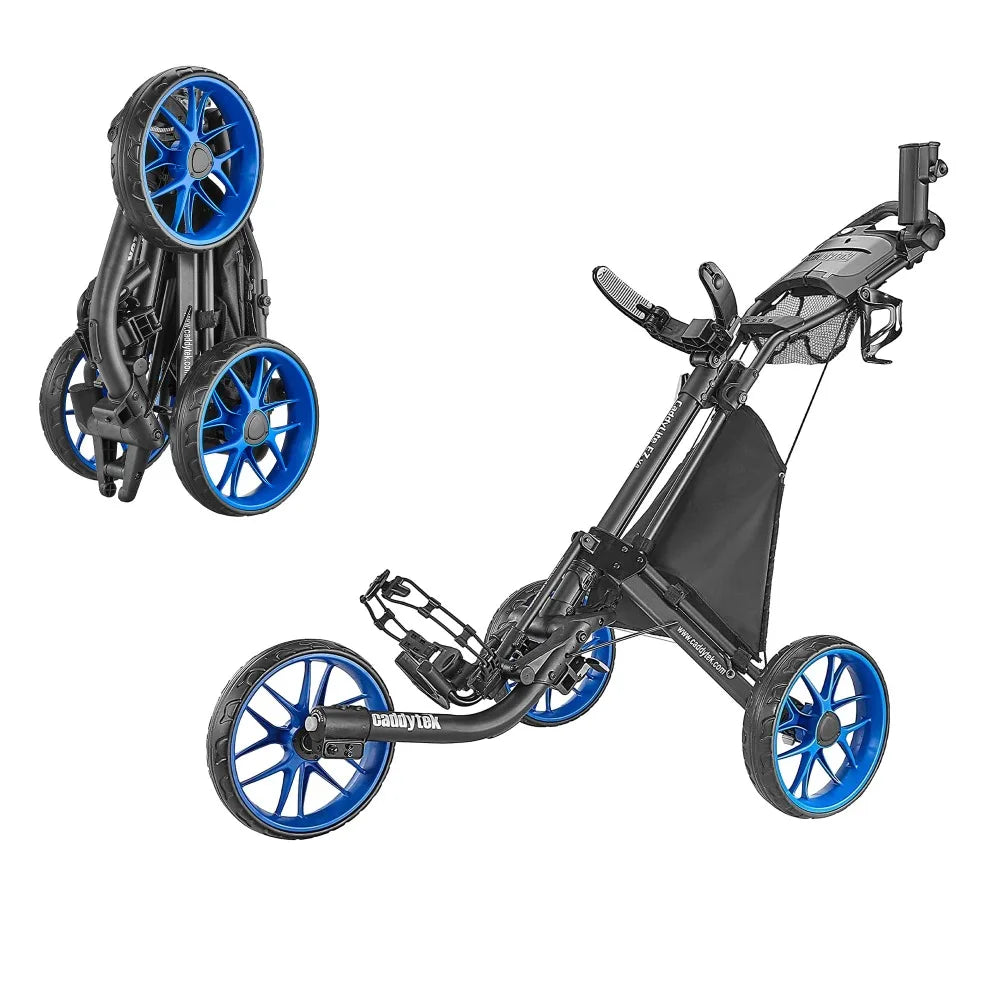 CaddyTek 3 Wheel Golf Push Cart - Foldable Collapsible Lightweight Pushcart with Foot Brake - Easy to Open & Close