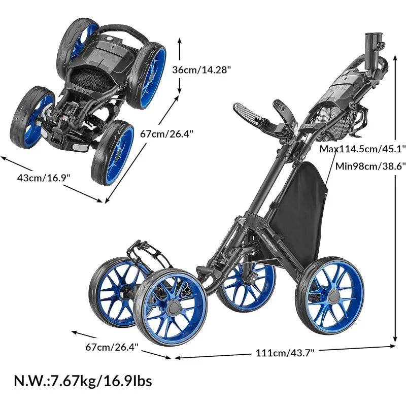 CaddyTek 4 Wheel Golf Push Cart - Caddycruiser Compact Pull Caddy