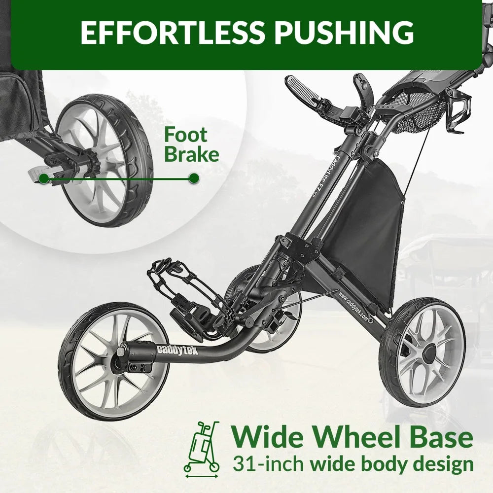 CaddyTek 3 Wheel Golf Push Cart - Foldable Collapsible Lightweight Pushcart with Foot Brake - Easy to Open & Close