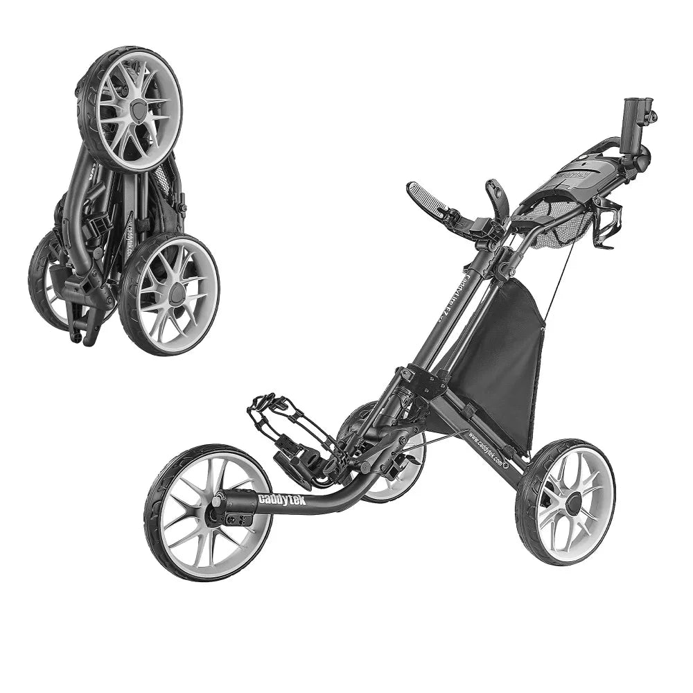 CaddyTek 3 Wheel Golf Push Cart - Foldable Collapsible Lightweight Pushcart with Foot Brake - Easy to Open & Close